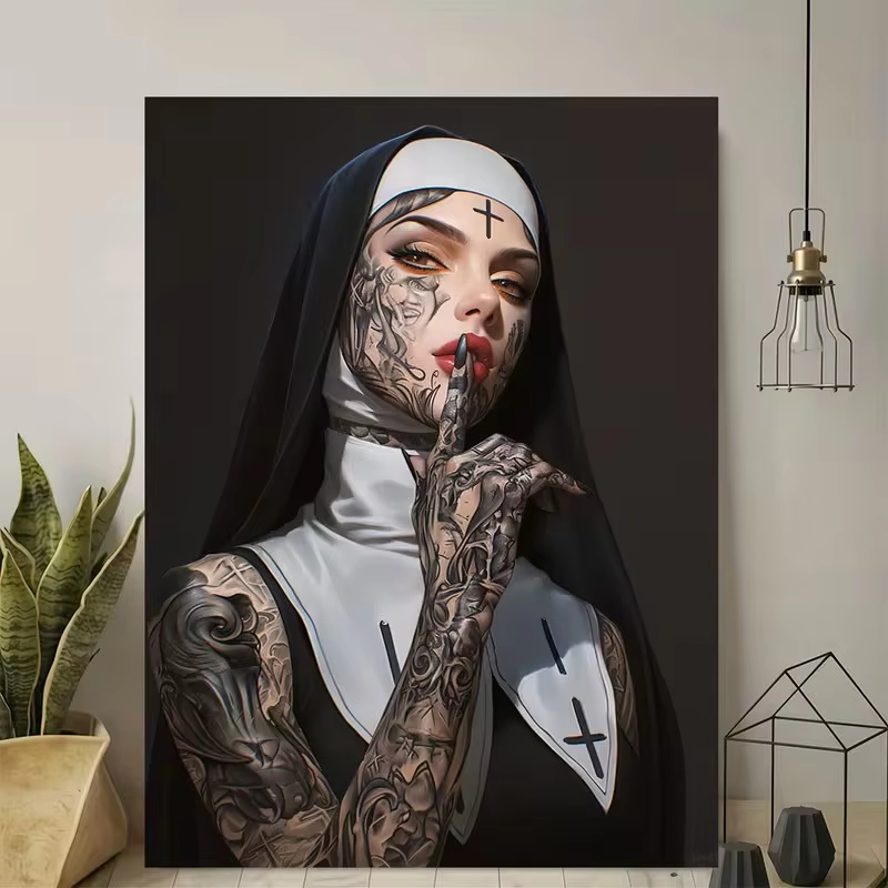 Fashion Girl Tattoo Nun Canvas - Vintage Fashion Prints For Wall 评论和价格