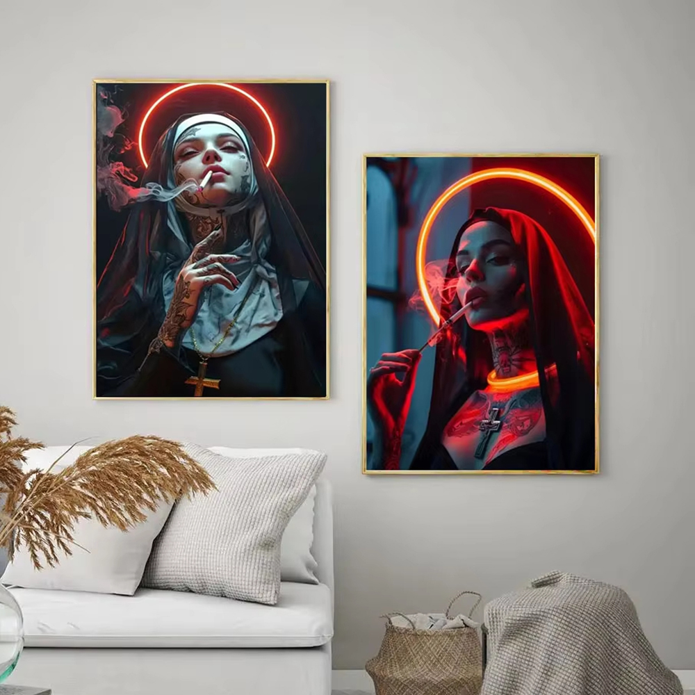 Fashion Girl Tattoo Nun Canvas - Vintage Fashion Prints For Wall 评论和价格